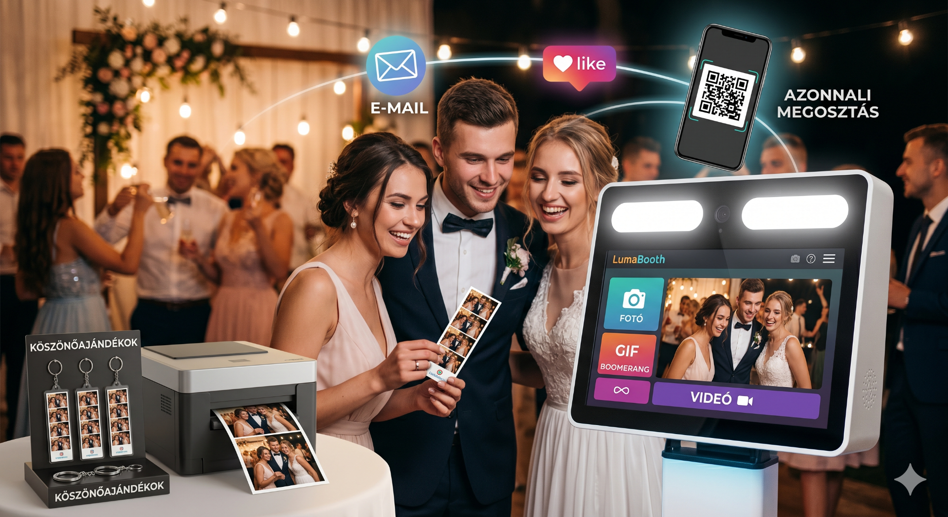 Elegáns esküvői vendégek mosolyogva használják a PrestigePix modern, érintőképernyős szelfigépét. A kijelzőn a LumaBooth szoftver felülete látható, mellette egy fotónyomtató és az egyedülálló, saját fotós kulcstartó köszönőajándékok állnak.
